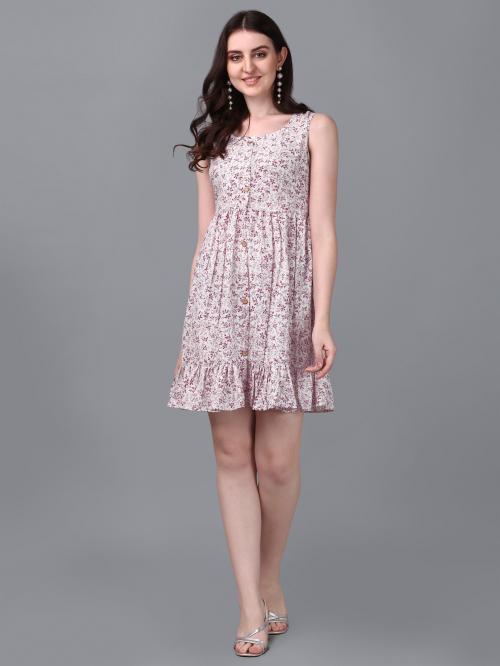 Plusifye Women White, Maroon Floral Print Pure Cotton A-Line Dress (L)