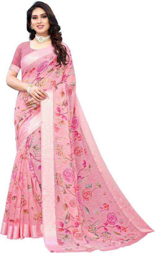 Fabwomen Women Pink Floral Cotton Blend Single Saree With Blouse Pice | saree| saree for women| sarees| Sarees latest | sari