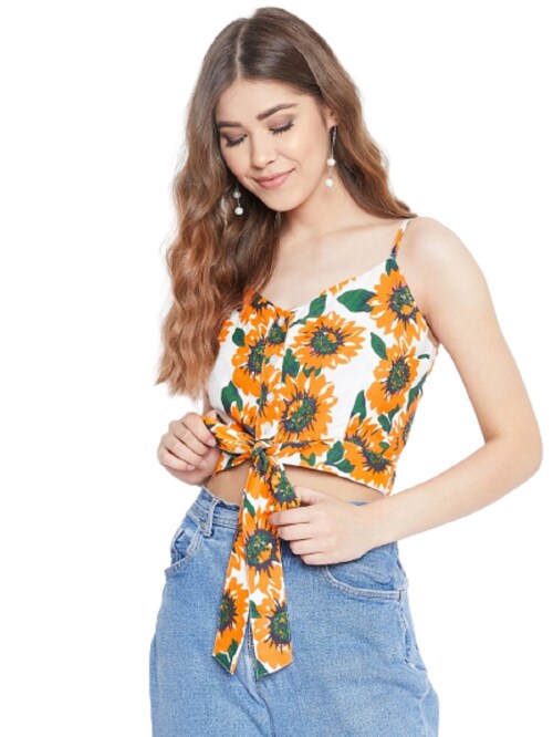 sunflower Women Yellow and White Floral Crop Top