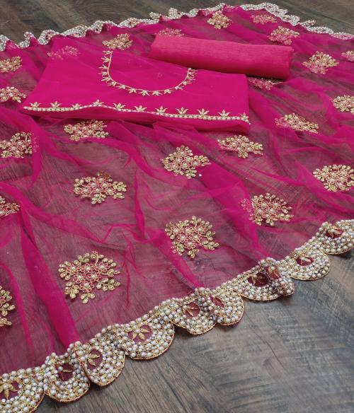 Beautiful Net With Embroidery & Moti Work Saree