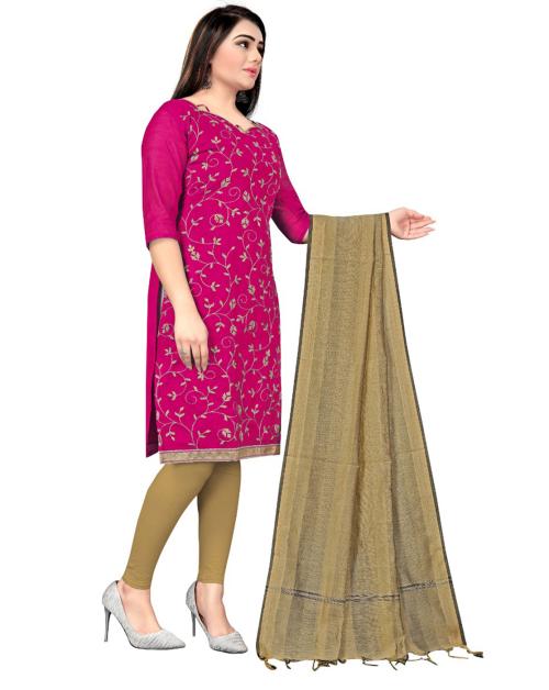 Pink Chanderi Cotton Embroidered Dress Material With Dupatta
