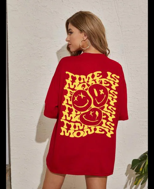 Women Maroon Oversized Printed T-shirt