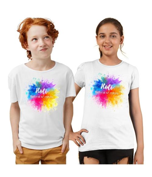 KYDA KIDS Happy Holi Printed Boys and Girls RoundNeck White Tshirt