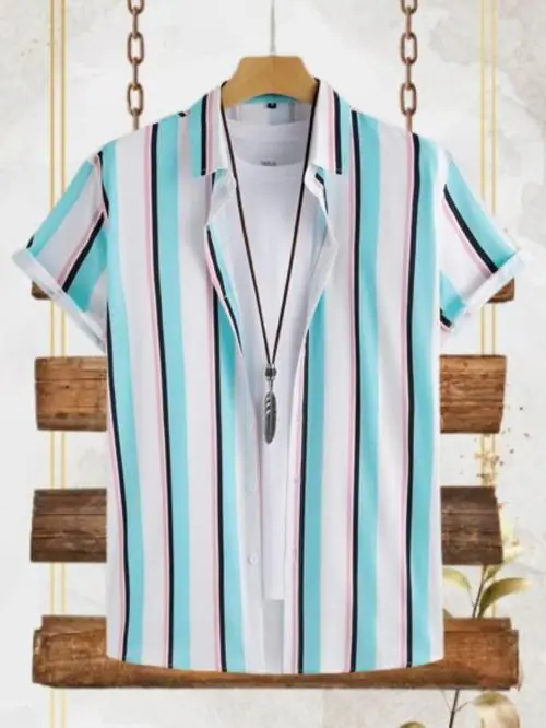 Lalni Men's White & Sky Blue Striped Shirt