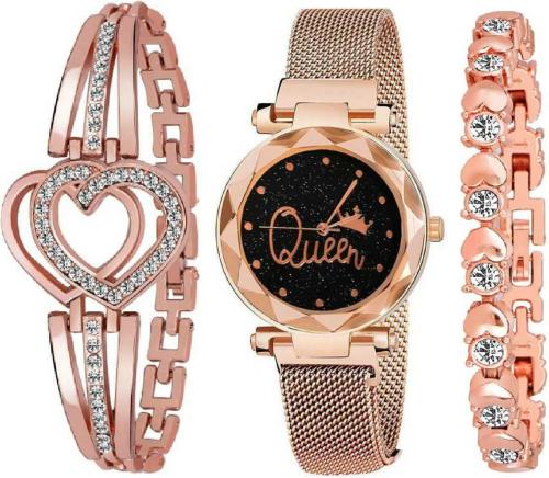 Zuperia Analog Queen Dial Magnet Watch With Gift Bracelets For Women Or Girls - Pack of 3