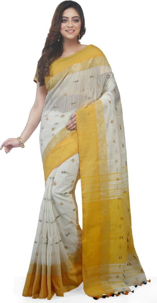 Woodentant Women White, Yellow Woven Cotton Saree
