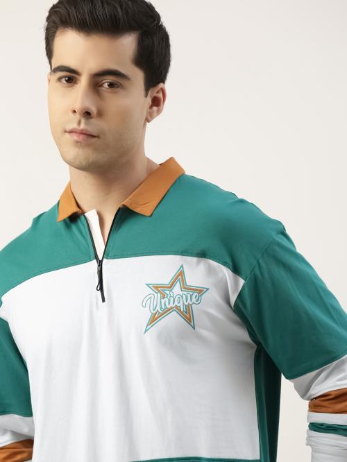 Maniac Mens ColorBlock Polo Neck Full Sleeve Green and White Boxy Fit Cotton T-Shirt