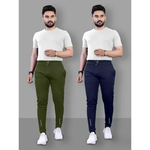 Pack of 2 Men Solid Blue, Olive Track Pants-XXL