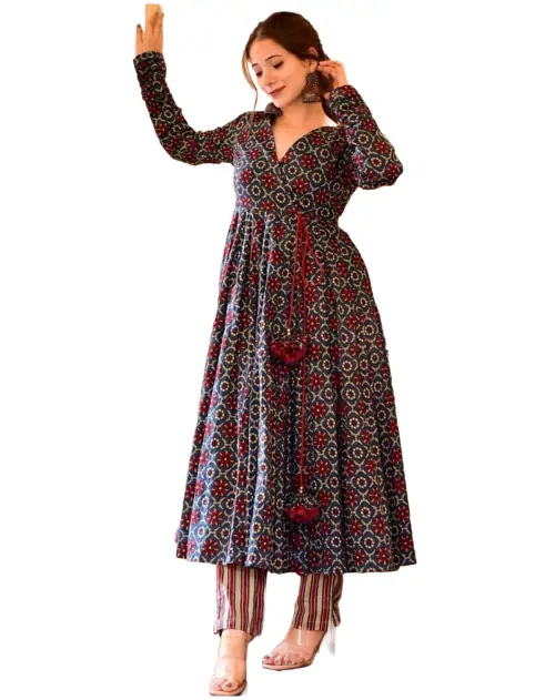 Clickedia Women's Fully Stitched Printed Rayon with Tassels Angarkha Style with Side fit Dori work Jaipuri Kurta and Pant Set