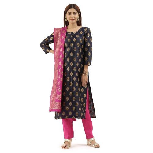 KVSFAB Women's Navy Blue & Pink Color Woven work Jacquard Febric Unstitched Dress Material