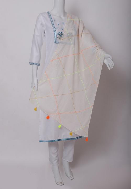 Rosina Fashion & Accessories Casual Scarf With Border Embroidery and Floracent Color Tessels (Off White, 70cm/180cm)