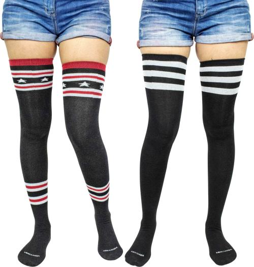 Neska Moda Women's 2 Pair Striped Cotton Thigh-High Stockings (Black)