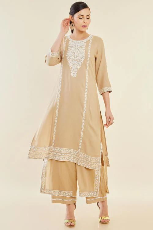 Soch Women Beige Rayon Embroidered Kurta Set With Layered Palazzo And Lace Insertion
