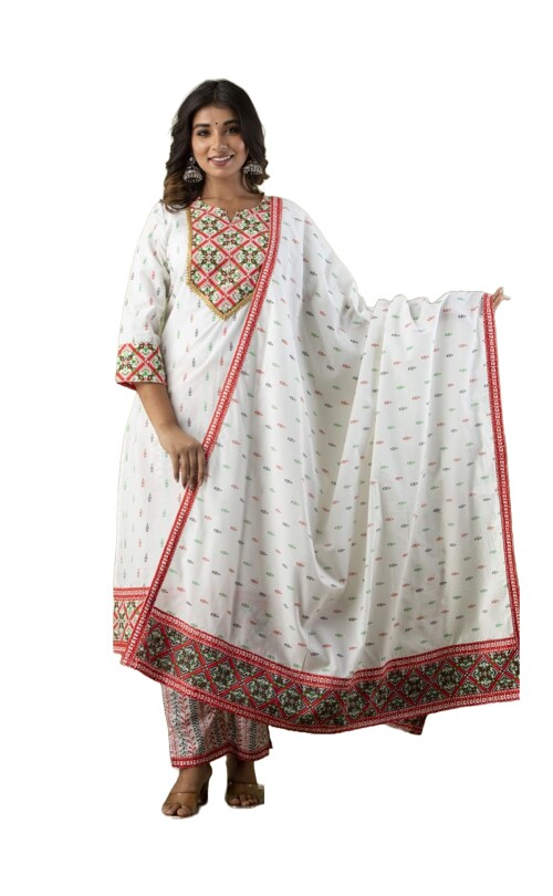 Clickedia Womens Fully Stitched Cotton Printed Straight Kurti with Patch Work , Lace and Cotton Dupatta with Pants Jaipuri Salwar Suit