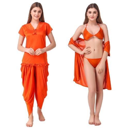 REPOSEY Women's Satin Solid Regular Length Robe with Bra and Panty, Pajama with Top (5PC ORNG_Orange_Free Size) (Pack of 5)