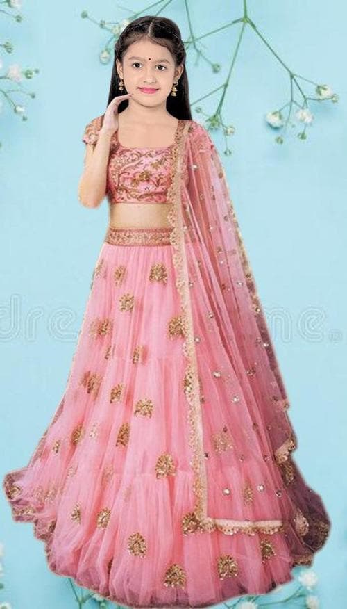 FLENSIRA Girls Pink Embroidered Net Lehenga With Choli And Dupatta Set (15-16 Years)