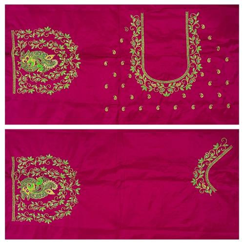 VLipcartz FANCY HEAVY MULTI RANI DESIGN EMBROIDERY WORK AKU PATTU (COTTON SILK) BLOUSE PIECE (UN-STITCHED)