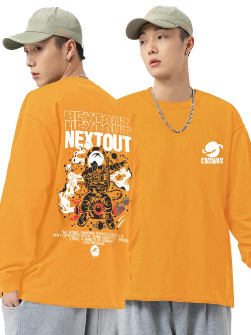 Jump Cuts Printed Men Round Neck Full Sleeve Yellow and White Cotton Blend Boxy Fit T-Shirt