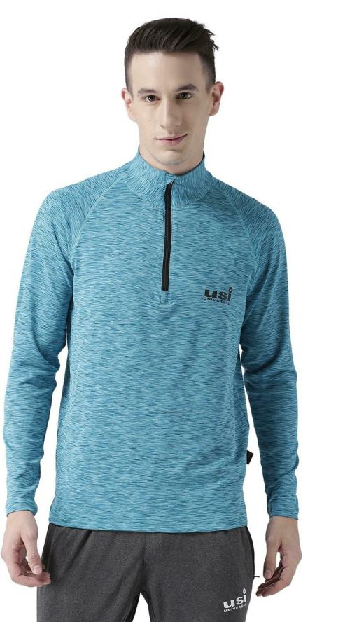 USI Men Light Blue Solid Polyester High Neck T-shirt