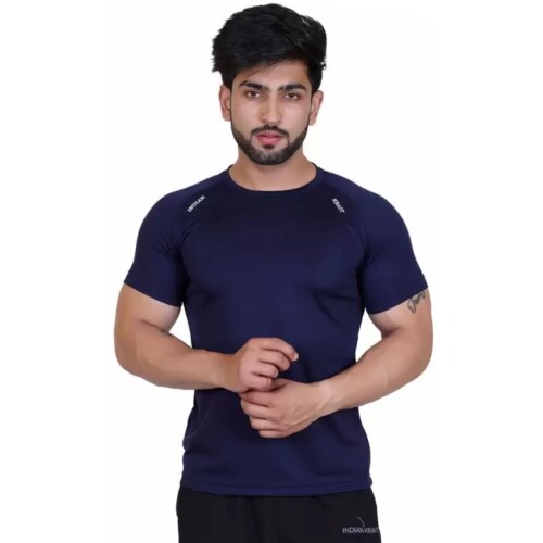INDIAN KRAIT Men Solid Round Neck Elastane Blue T-Shirt Men-t-shirt-Blue-size-M
