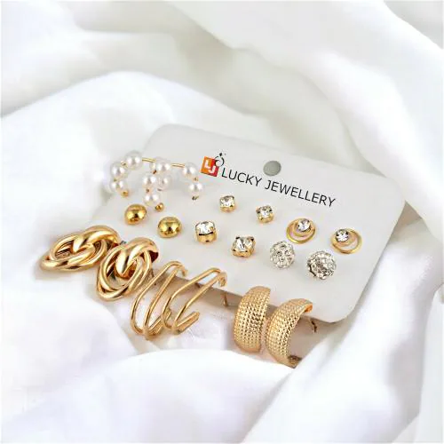LUCKY JEWELLERY Fashion 9 Pairs Combo Set Of Latest Earrings Stylish Pearl and Stone Stud Tops Earing Gold Plated Chain Link Dangle C Shaped Semi Hoops Earring for Women & Girls (225-CHEX-1155-9)