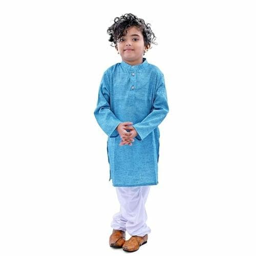 TRENDER Ethnic Sky Blue Wear Cotton Blend Full Sleeves Plain Kurta Set for Kids