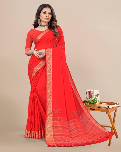Rekha Maniyar Chiffon Red Color Solid & StoneWork Saree for Women