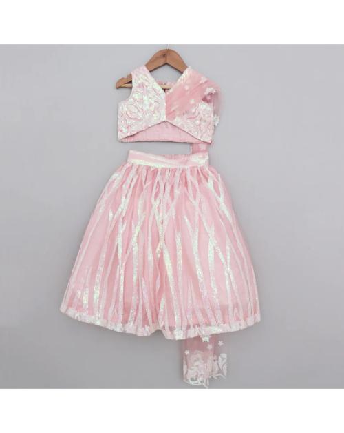 PICCO RICCO Girls Pink Net Embroidered Lehenga With Crop Top|Size-9-10 Year