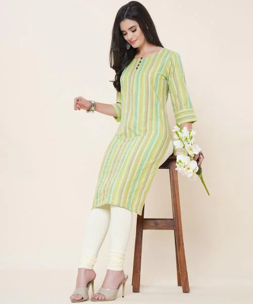 ANUSHIL Women Cotton Multicolour Strip Pattern Round Neck Style with Buttons 3/4th Sleeves A-518(Colour- Green, Size- 3XL)