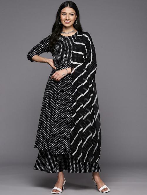 KSUT (House of Varanga) Women black and white cotton printed anarkali kurta paired with palazzo and chiffon dupatta