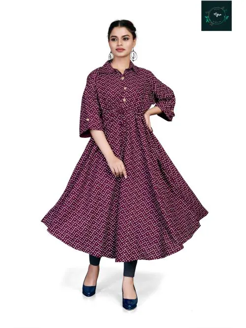 Majisa Pure Viscose Rayon Kali Kurti With Belt, Button and Collared Neck