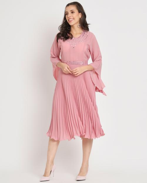 My Swag Women's Magenta Color Solid Pleated A-Line Dress