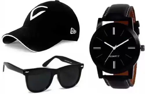 BIZOLO Baseball Virat Black Cap, Sunglasses & Analog Men watch