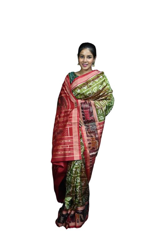BigRayn Mehendi Red Odia Alphabet Odisha Handloom Mulberry Silk Saree-Odisha weaves