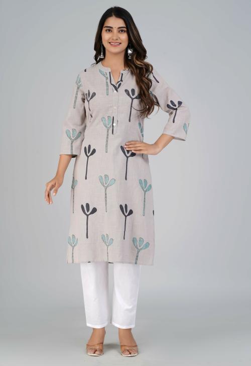 Indiwest Grey Abstract Printed Straight Cotton Kurta