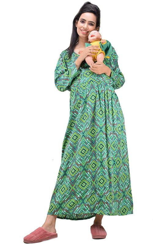 CLYMAA Women Green Cotton Rayon Blend Maternity Gown Dress (XL)