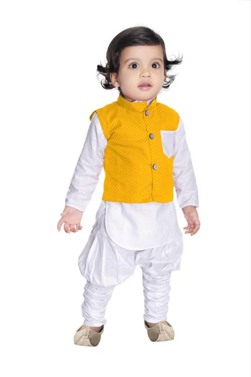 NEW GEN BOYS YELLOW PRINTED 100% COTTON PACK OF 1 JACKET KURTA & PAIJAMA PANT