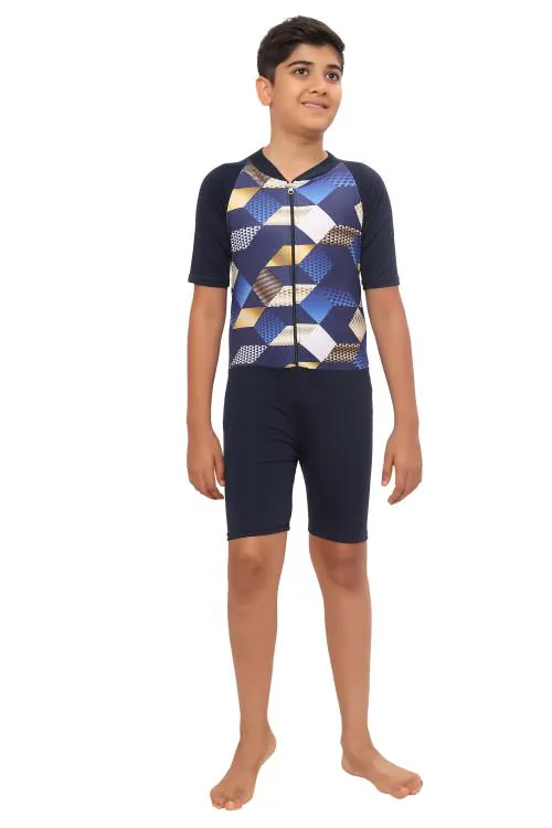 BOSKY SWIMWEAR Boy's Polyester Lycra Versatile Skating Suit cum Swimwear - Poly Spandex, 4-Way Stretch, Utility Style, Non-Fadeable Print (Blue_34)