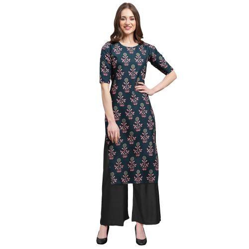 Ethnic Basket Women's Teal Color Kurta and Black Palazzo Set {530335-Black Palazzo_M}