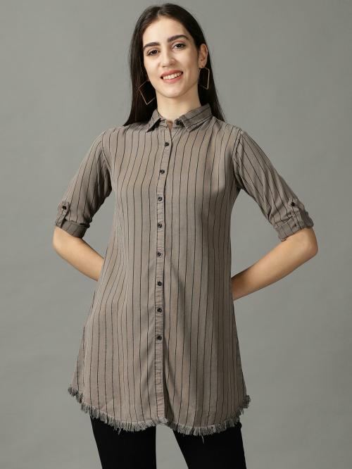SHOW OFF Women's Taupe Striped Cotton Shirt