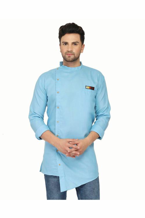 VOLRIX Men's Sky Blue Short Kurta Pure Cotton, Designer Kurta, Stylish Kurta, Cut Kurta for Men