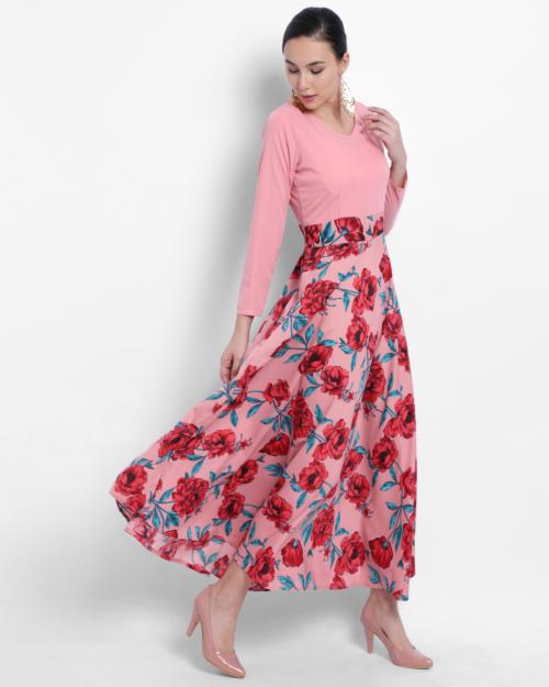 Raabta Fashion Women Peach Printed Crape Dress