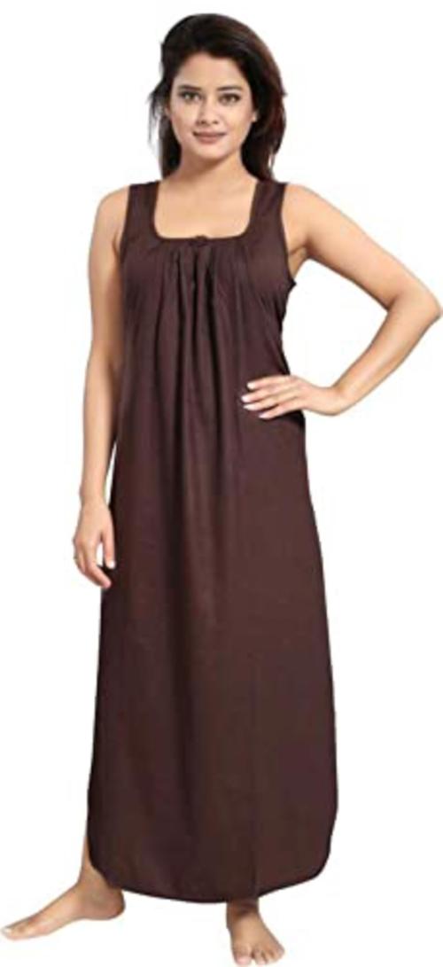 Kavanng Nighties for Women's Cotton Silk Sleeveless Nighty Ankle-Length Solid Slip Cotton Stylish Maxi Nightwear, Smooth and Comfortable Nighty for Women, Brown, XL