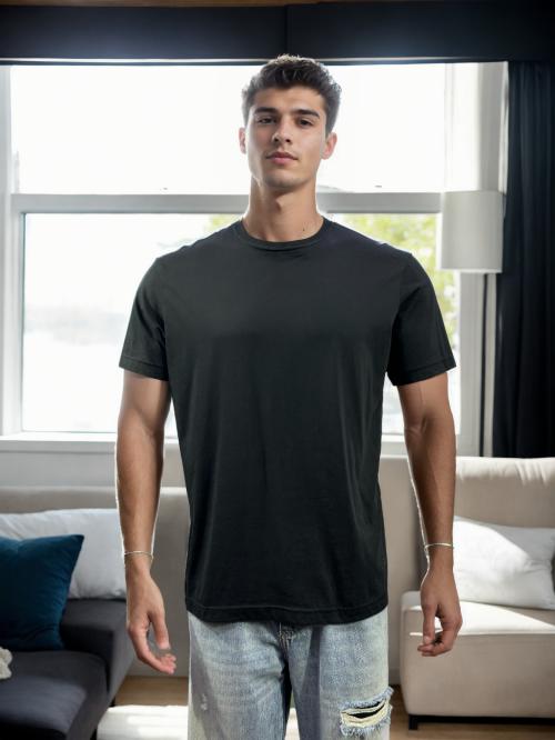 Men's Round Neck Cotton Lycra Raw Edge Plain Black T-Shirt - Men T Shirt | Tshirt for Men | T Shirts | Oversized Tshirt | Men's Polo Neck Regular Fit Half Sleeves T-Shirt | Printed Tshirt | Casual Tshirt