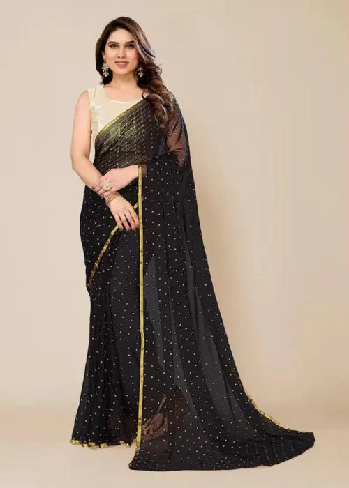 Aardiva Women's Printed Daily Wear Black Chiffon Saree With Blouse Piece | Chiffon Sarees For Women | Sarees | Saree | Sari