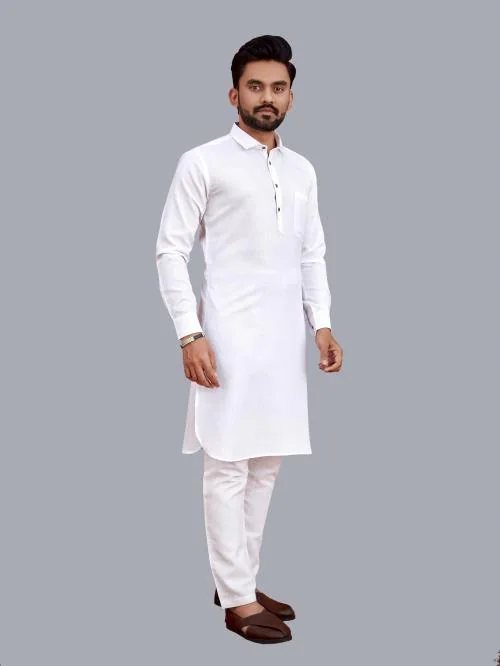 Allan Peter Men White Solid Cotton Blend Pathani Kurta
