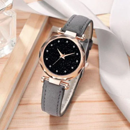 ILOZ Cut Glass Grey Leather Strap ladies Analog Girls Watch Analog Watch - For Women New Collection Stylish Latest Designer Black Fashion wrist watch women Analog Watch - For Women