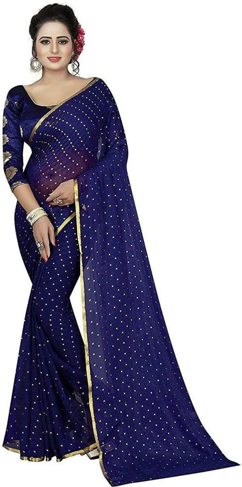 LADYMINT Women Blue Embellished Chiffon Women'S Sarees