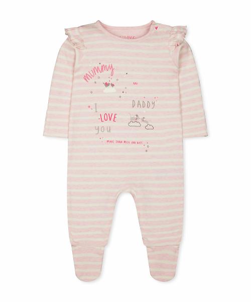 Mothercare Girls Full Sleeves Sleepsuit Stripe And Glitter Text Print - Pink