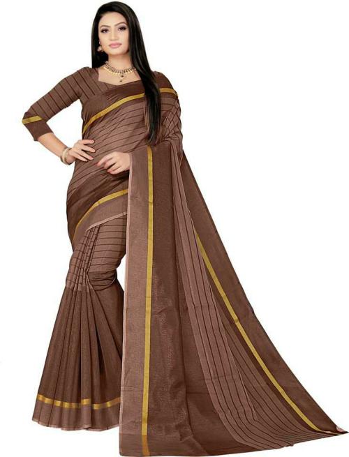 Viva N Diva Women'S Brown Cotton Blend Woven Design Saree With Blouse Piece